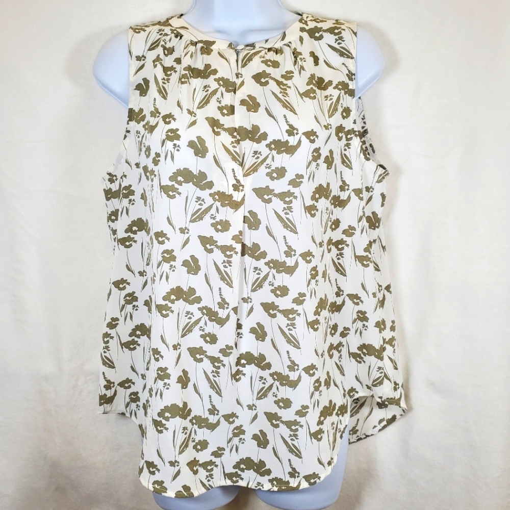Pleated Floral Print Sleeveless Blouse, Size Small, Off-White